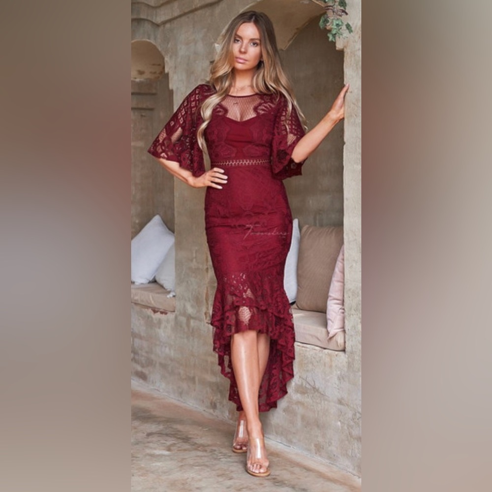Two Sisters Burgundy Red Lace Midi Dress.